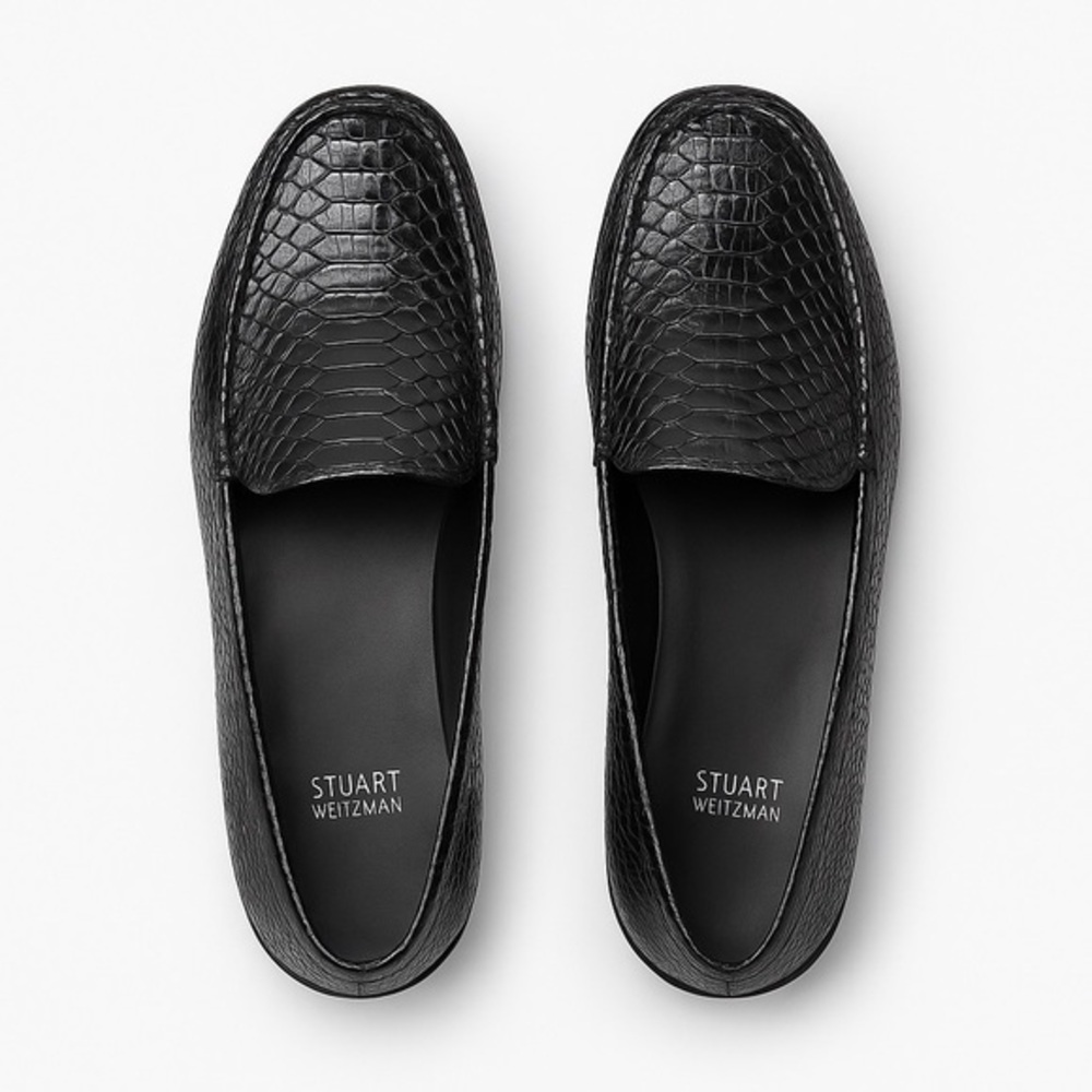 Stuart Weitzman Black Faux Leather Snakeskin Print Loafers Size 7.5